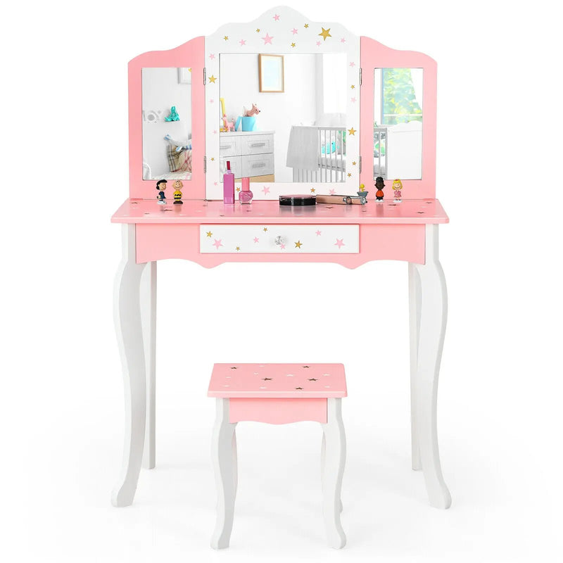 Kids Princess Vanity Table and Stool Set with Tri-folding Mirror and Drawer by DirectDeals