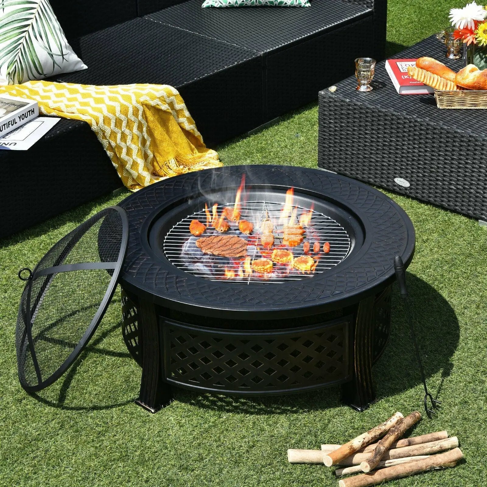 Outdoor Fire Pit with BBQ Grill and High-temp Resistance Finish by DirectDeals