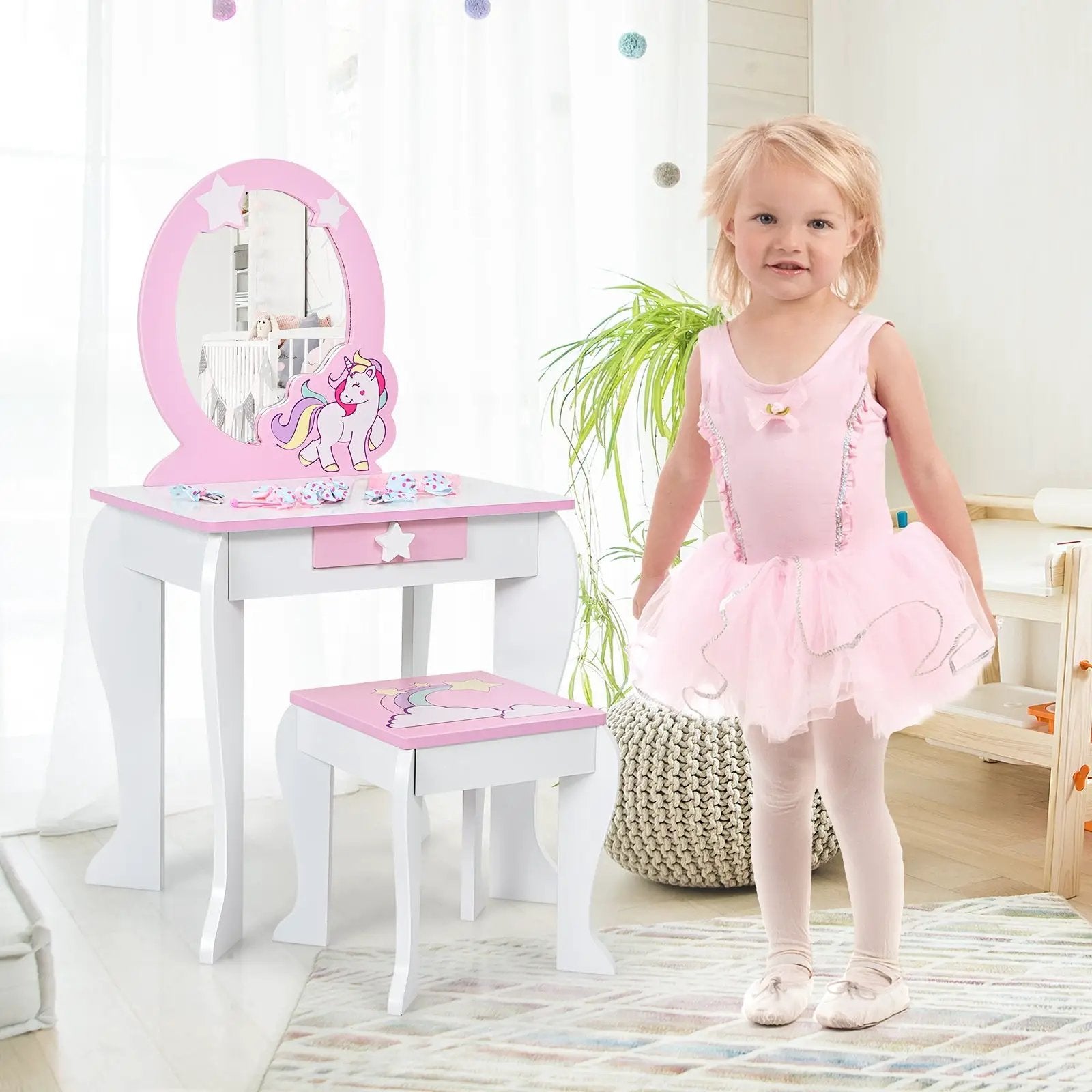 Kids Wooden Makeup Dressing Table and Chair Set with Mirror and Drawer by DirectDeals