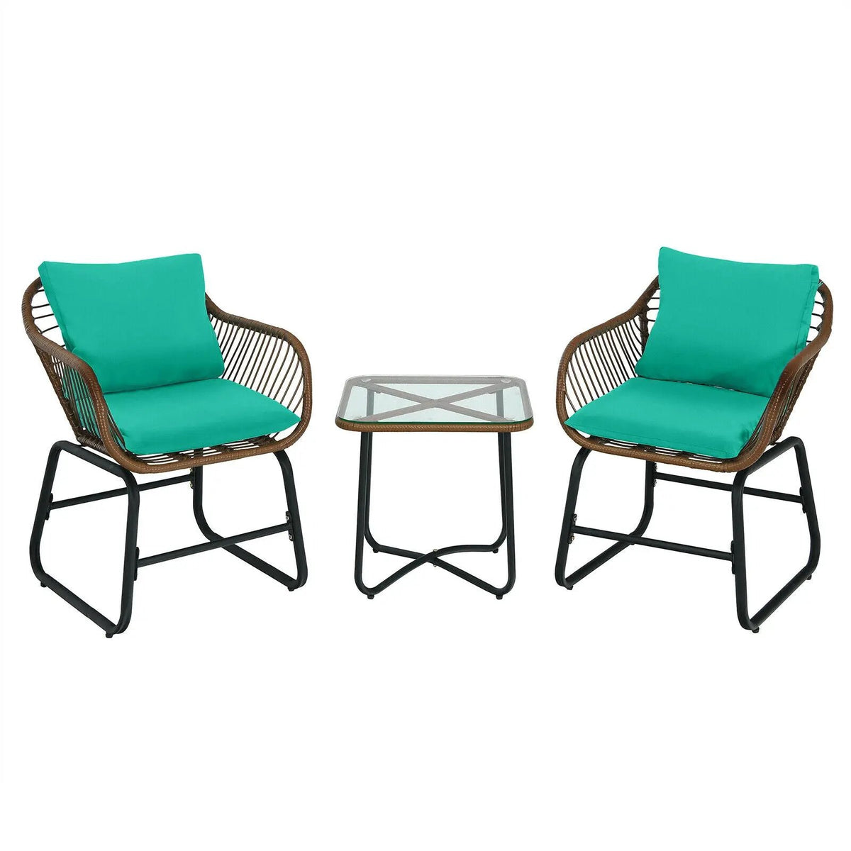 3 Pieces Patio Rattan Bistro Set Cushioned Chair Glass Table Deck by DirectDeals