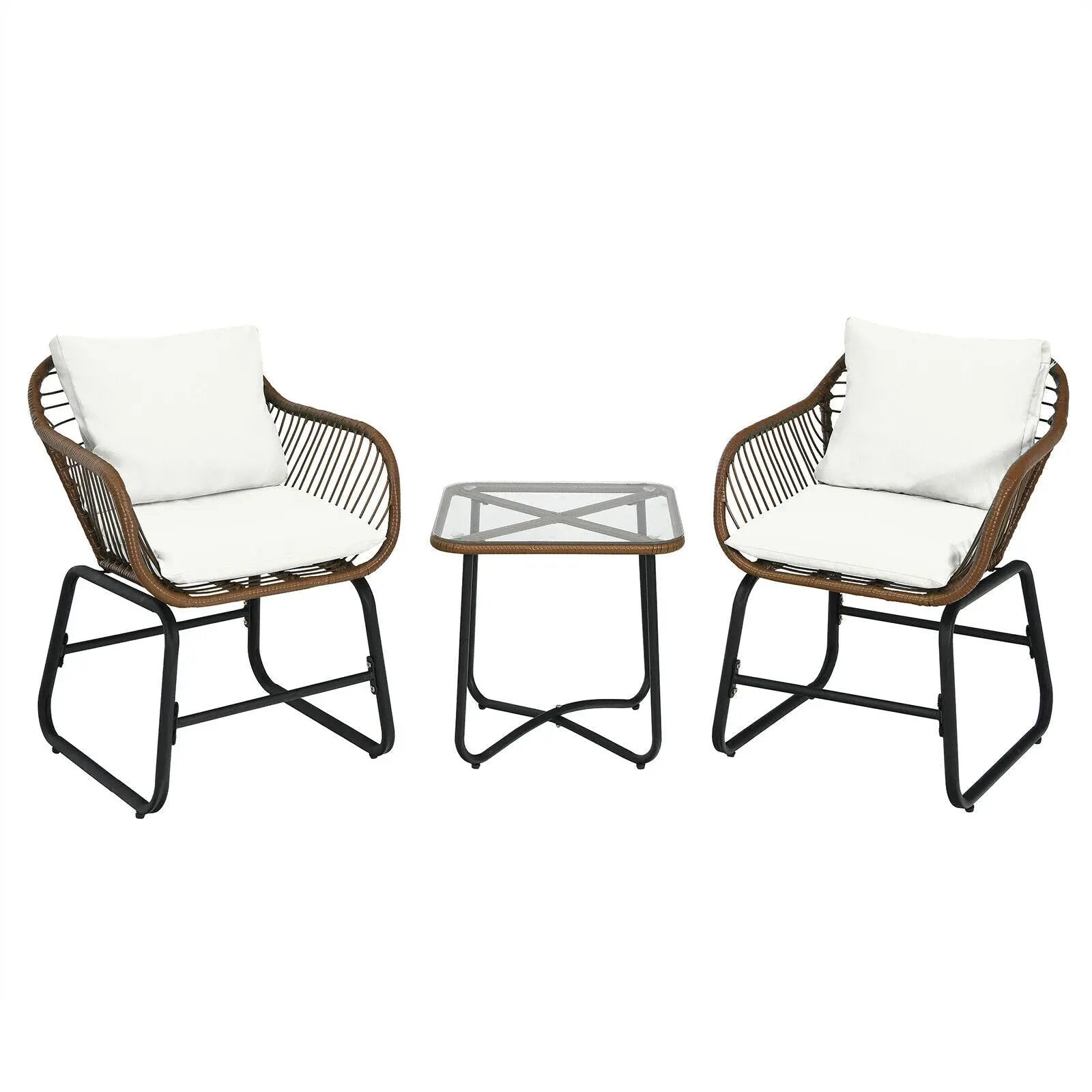 3 Pieces Patio Rattan Bistro Set Cushioned Chair Glass Table Deck by DirectDeals