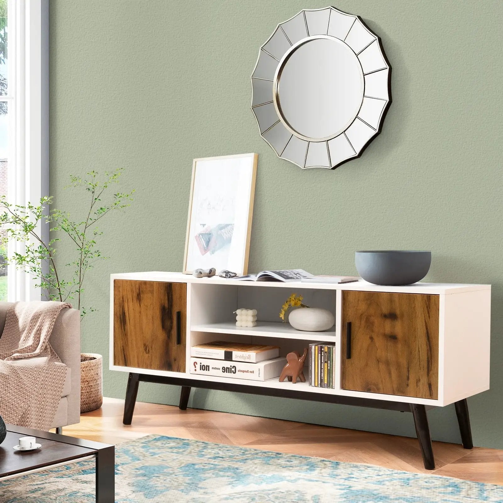 Mid-Century Wood TV Stand for 55 Inch with 2 Cabinets and Open Shelves by DirectDeals