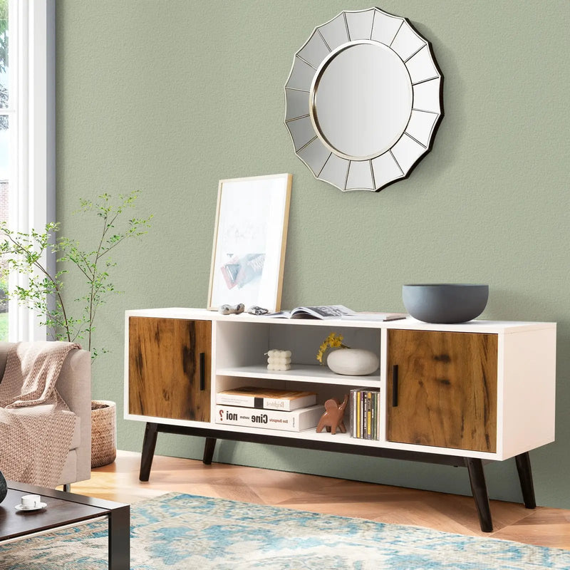 Mid-Century Wood TV Stand for 55 Inch with 2 Cabinets and Open Shelves by DirectDeals