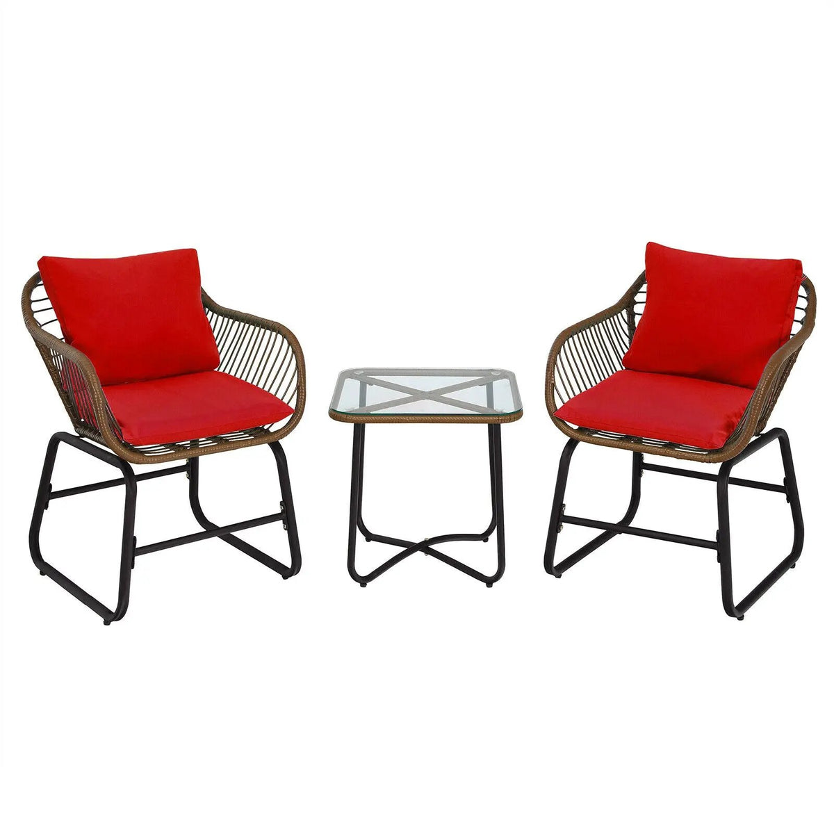 3 Pieces Patio Rattan Bistro Set Cushioned Chair Glass Table Deck by DirectDeals