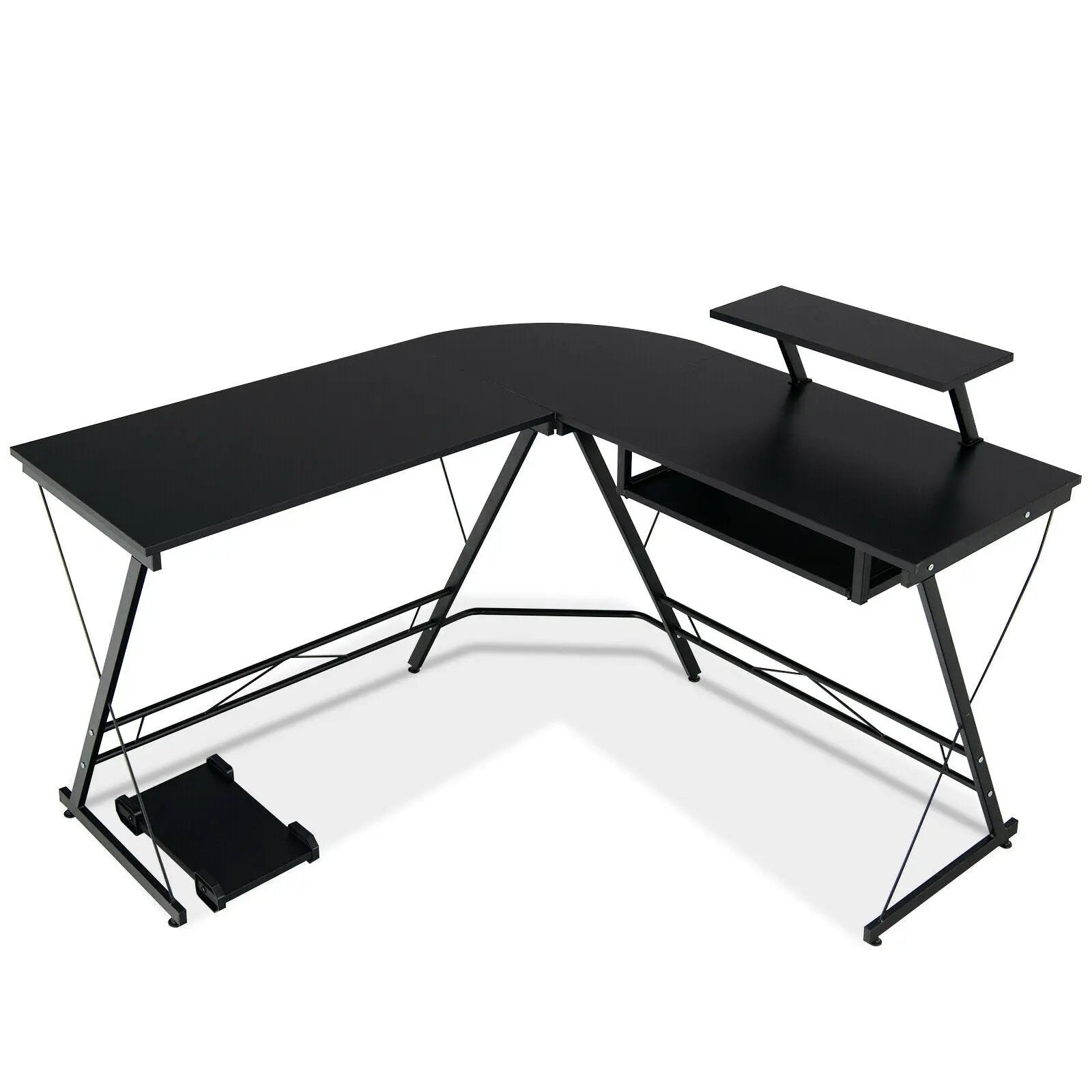 L Shaped Computer Desk Home Office Workstation with Movable Monitor Stand-Black by DirectDeals