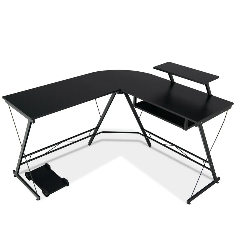 L Shaped Computer Desk Home Office Workstation with Movable Monitor Stand-Black by DirectDeals