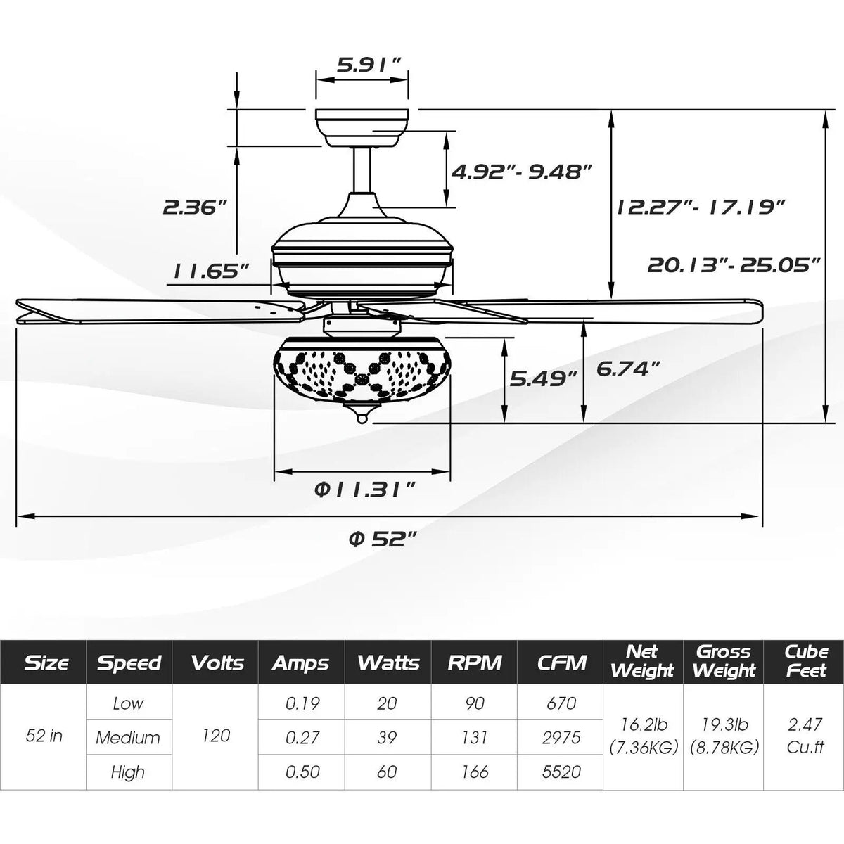 52 Inch Ceiling Fan with 3 Wind Speeds and 5 Reversible Blades by DirectDeals