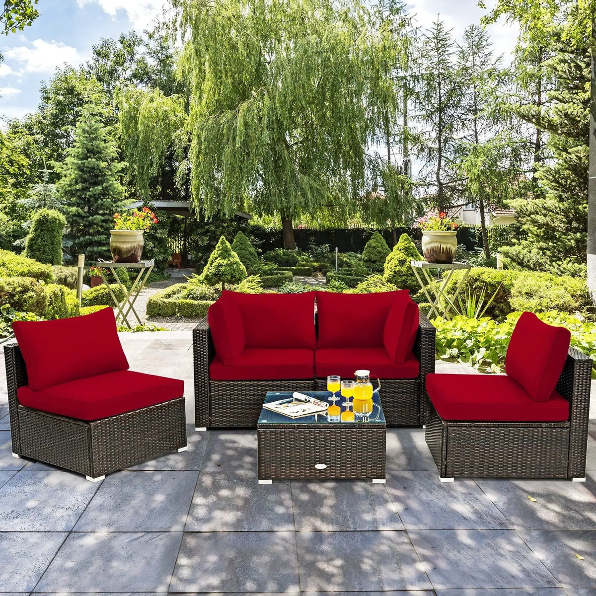 5 Pieces Cushioned Patio Rattan Furniture Set with Glass Table by DirectDeals