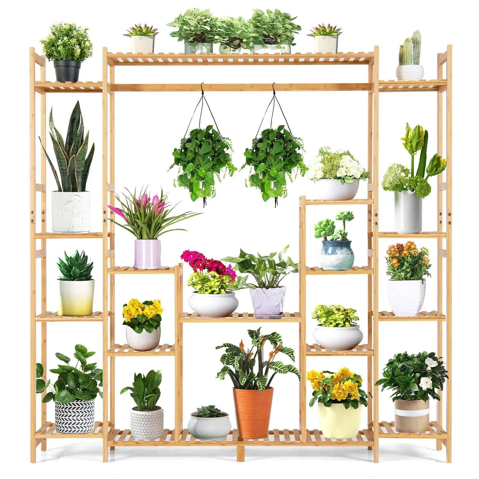 9-Tier Bamboo Plant Stand with Hanging Rack by DirectDeals