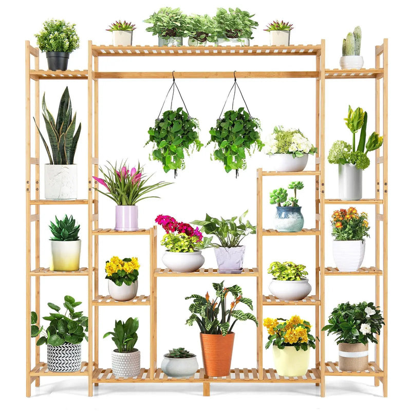9-Tier Bamboo Plant Stand with Hanging Rack by DirectDeals