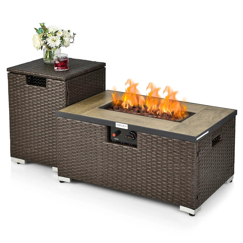 32 x 20 Inch Propane Rattan Fire Pit Table Set with Side Table Tank and Cover by DirectDeals