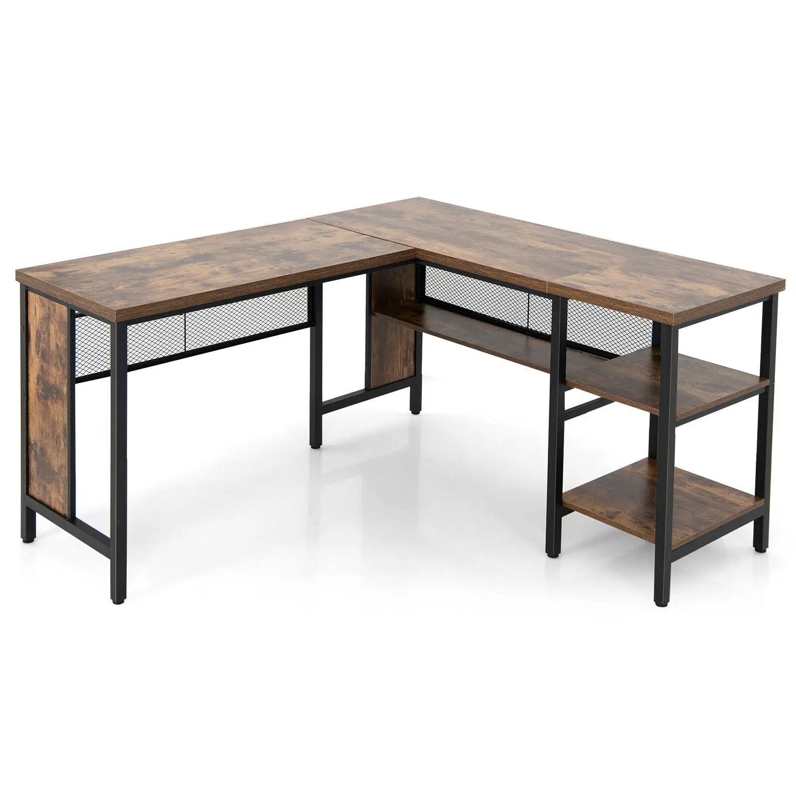 Industrial L-Shaped Corner Computer Desk Office Workstation with Storage Shelves by DirectDeals