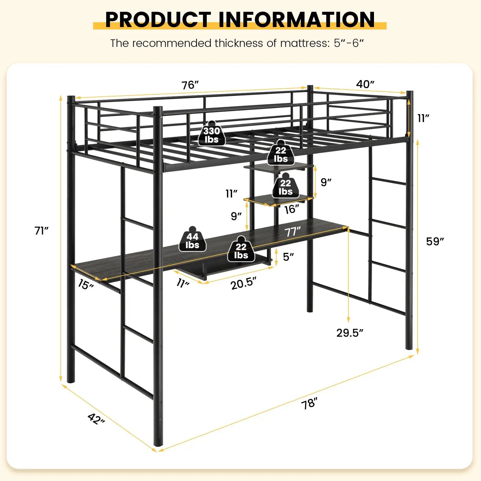 Twin Size Loft Bunk Bed with Desk Storage Shelf and Full Length Ladders-Black by DirectDeals