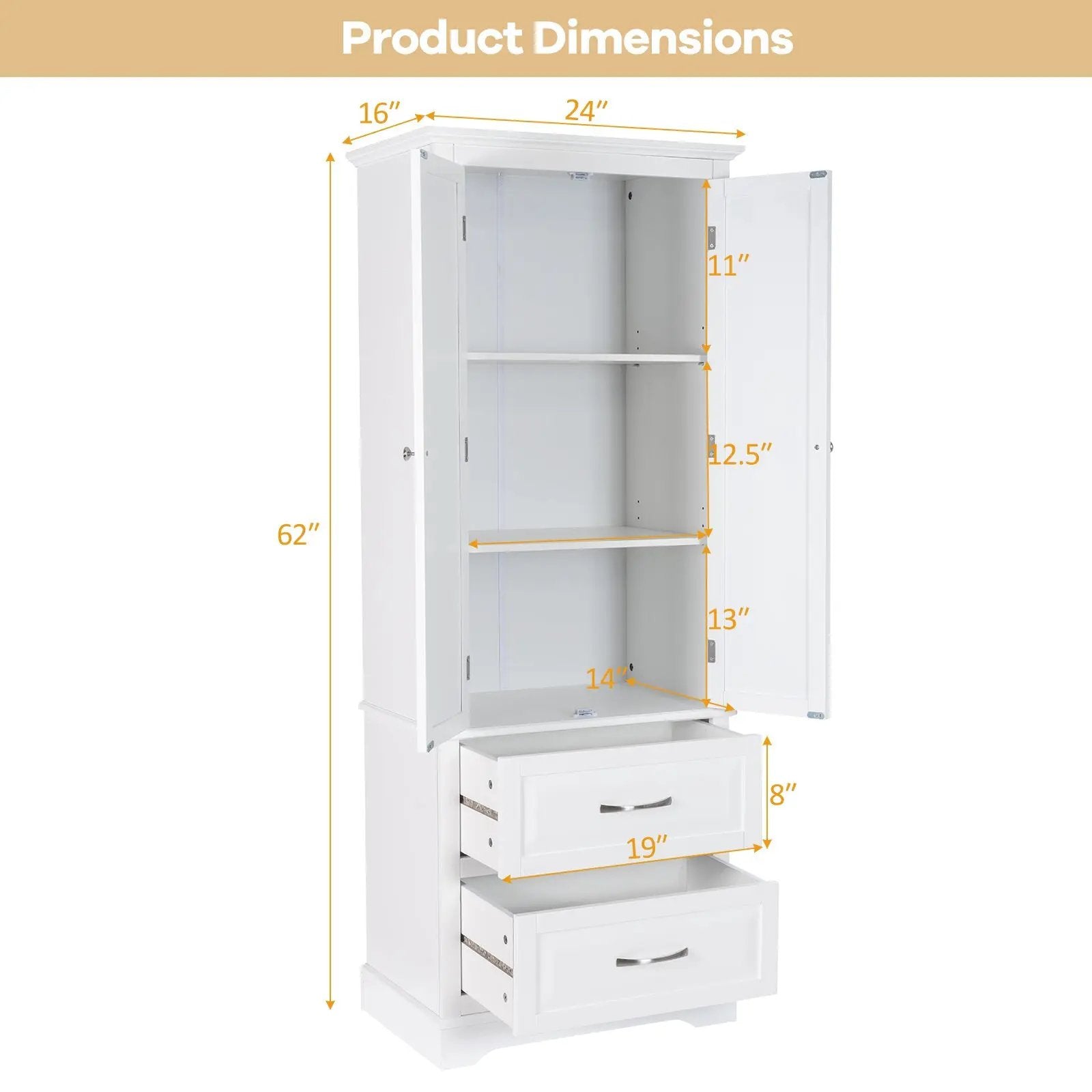62 Inch Freestanding Bathroom Cabinet with Adjustable Shelves and 2 Drawers-White by DirectDeals