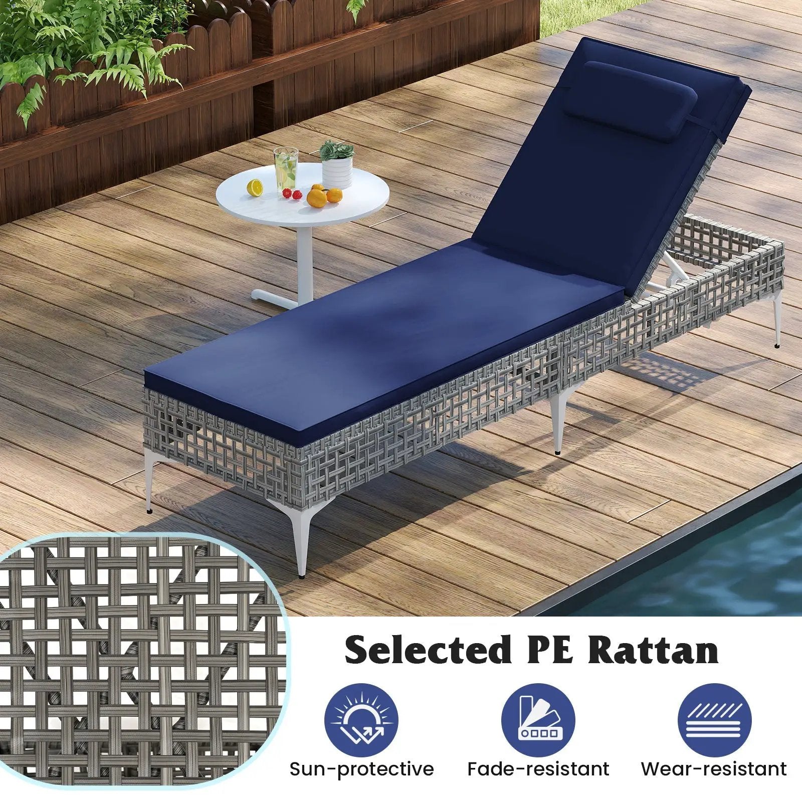 2 Pieces Patio Chaise Lounge Chair with 6-Level Adjustable Backrest and Headrest for Poolside-Navy by DirectDeals