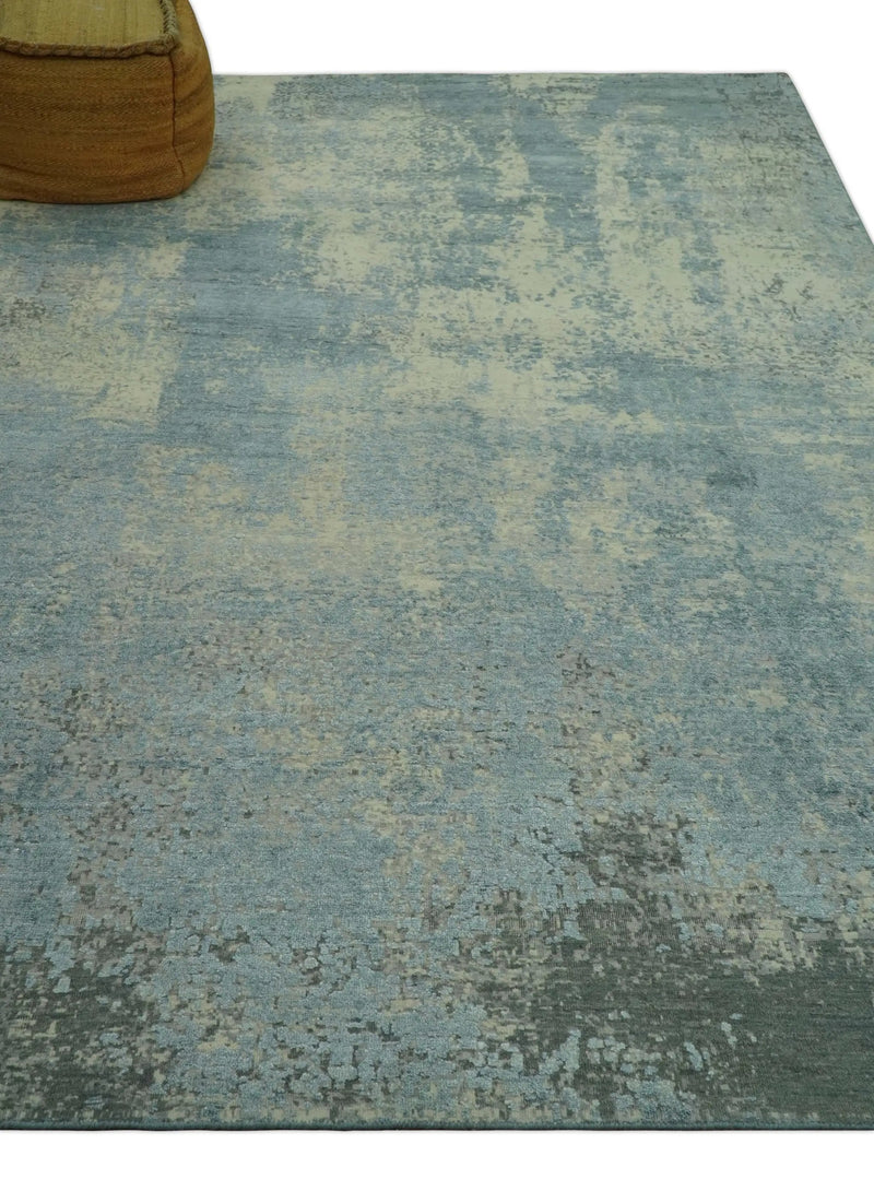 Abstract Design Blue, Beige And Gray 8x10 Hand Knotted Wool and Bamboo Silk Rug by The Rug Decor