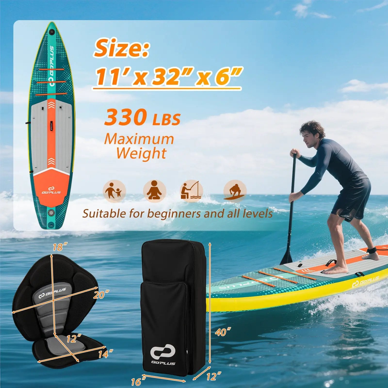 11 Feet Inflatable Stand Up Paddle Board with Kayak Seat for Adults-L by DirectDeals