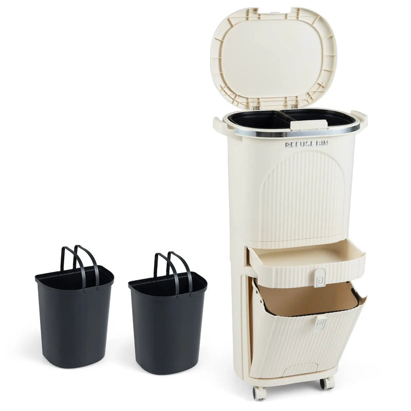 11 Gallon 3-Layer Kitchen Trash Can with Lid and 2 Removable Buckets-Beige by DirectDeals