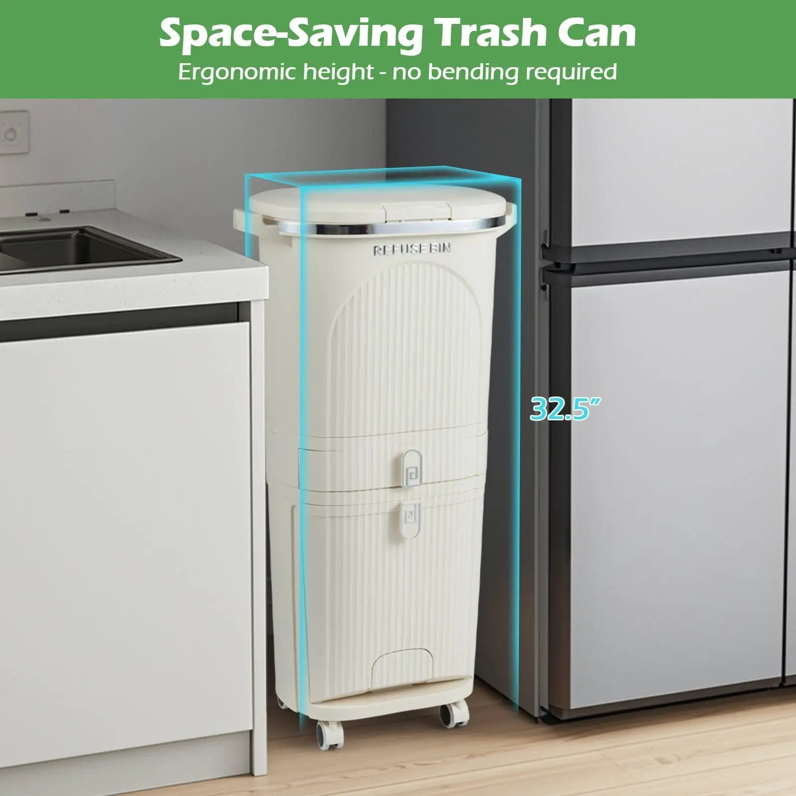 11 Gallon 3-Layer Kitchen Trash Can with Lid and 2 Removable Buckets-Beige by DirectDeals