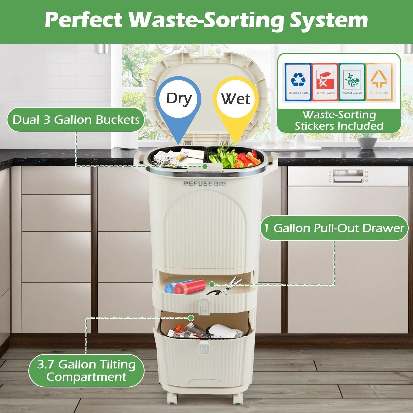 11 Gallon 3-Layer Kitchen Trash Can with Lid and 2 Removable Buckets-Beige by DirectDeals