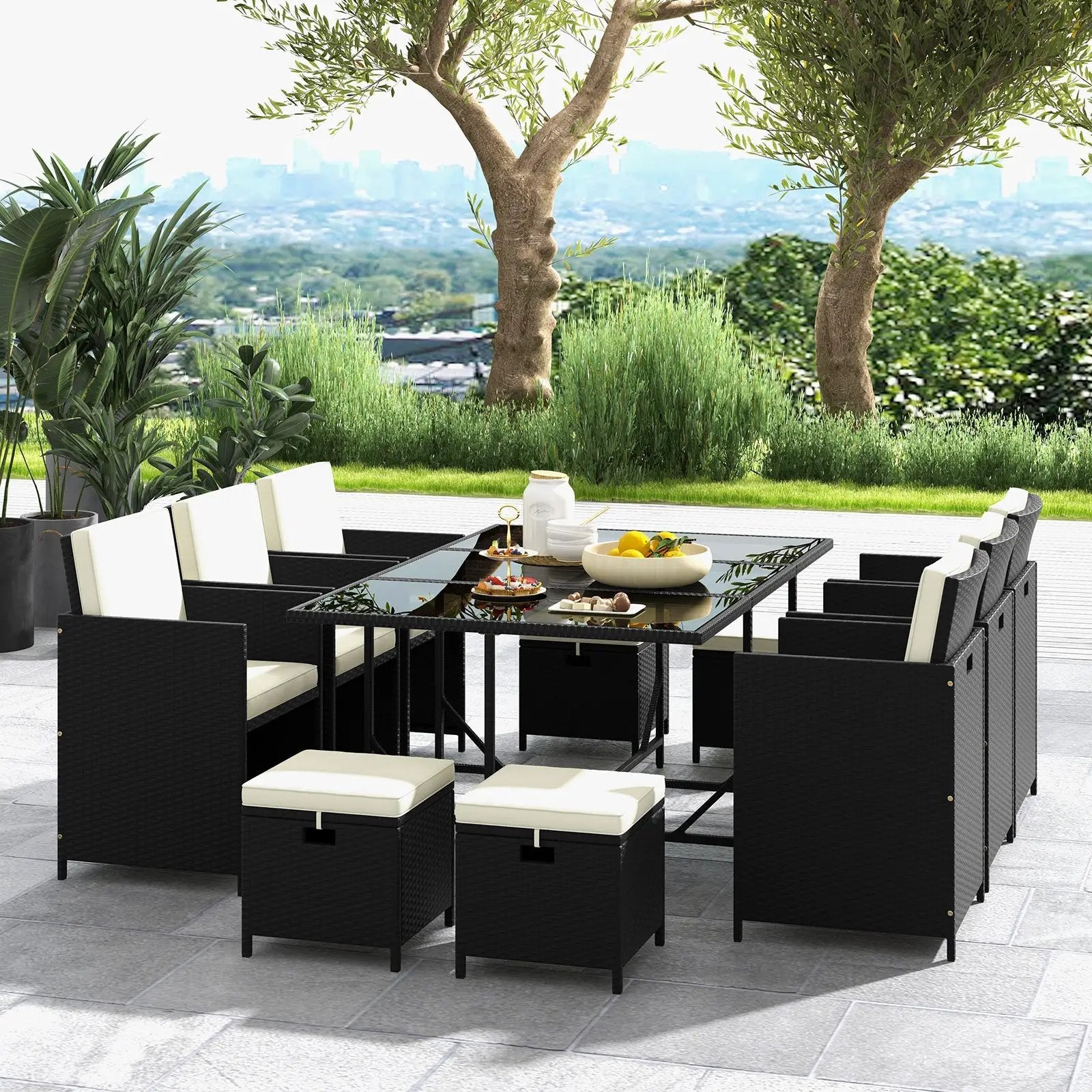 11 Piece Patio Dining Set Wicker Chairs and Tempered Glass Table with Waterproof Cushions-Black & White by DirectDeals