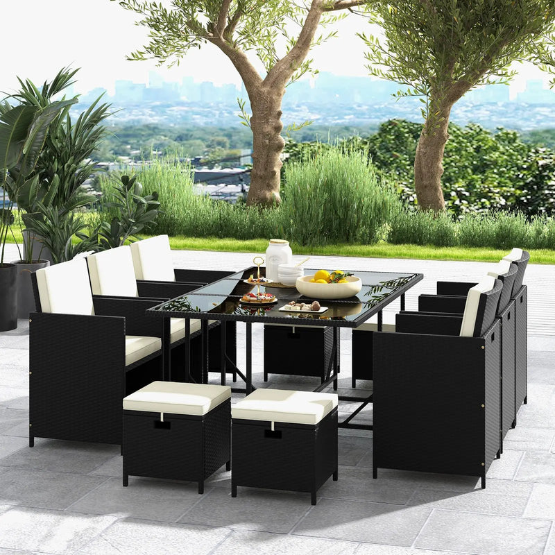 11 Piece Patio Dining Set Wicker Chairs and Tempered Glass Table with Waterproof Cushions-Black & White by DirectDeals