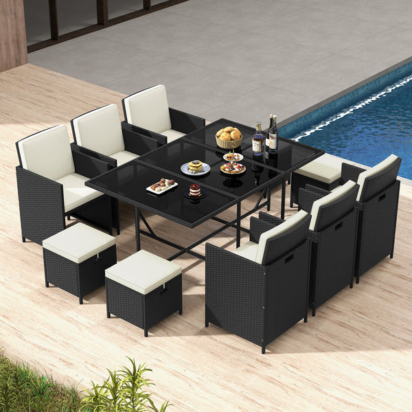 11 Piece Patio Dining Set Wicker Chairs and Tempered Glass Table with Waterproof Cushions-Black & White, photo 2 of 8