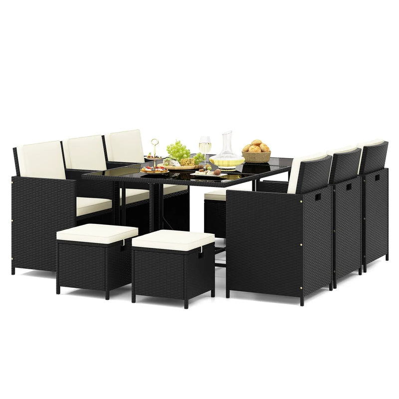 11 Piece Patio Dining Set Wicker Chairs and Tempered Glass Table with Waterproof Cushions-Black & White by DirectDeals