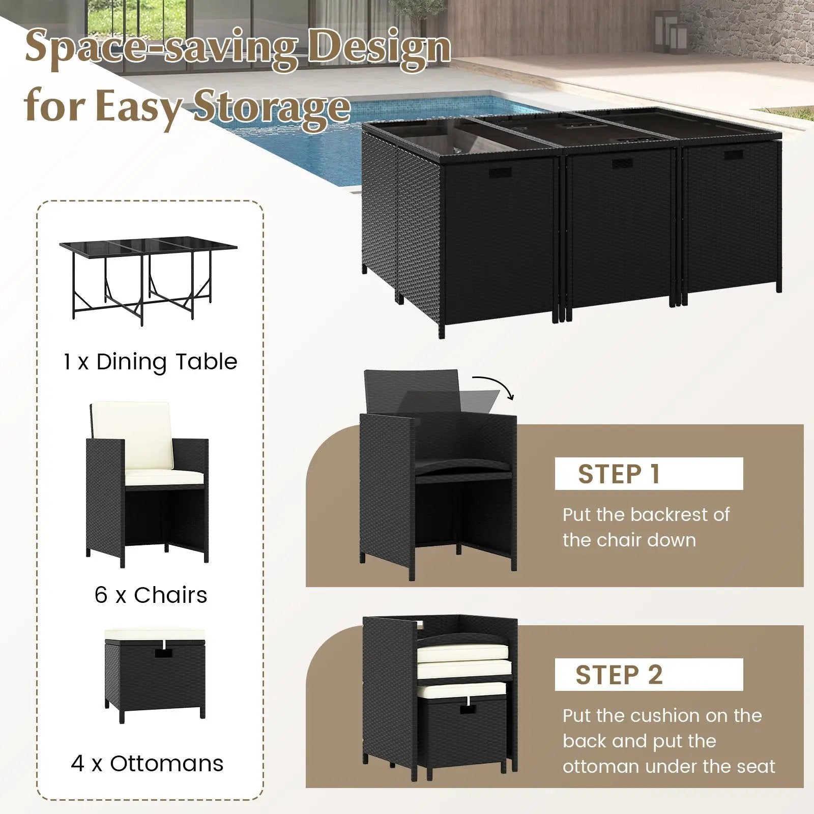 11 Piece Patio Dining Set Wicker Chairs and Tempered Glass Table with Waterproof Cushions-Black & White by DirectDeals