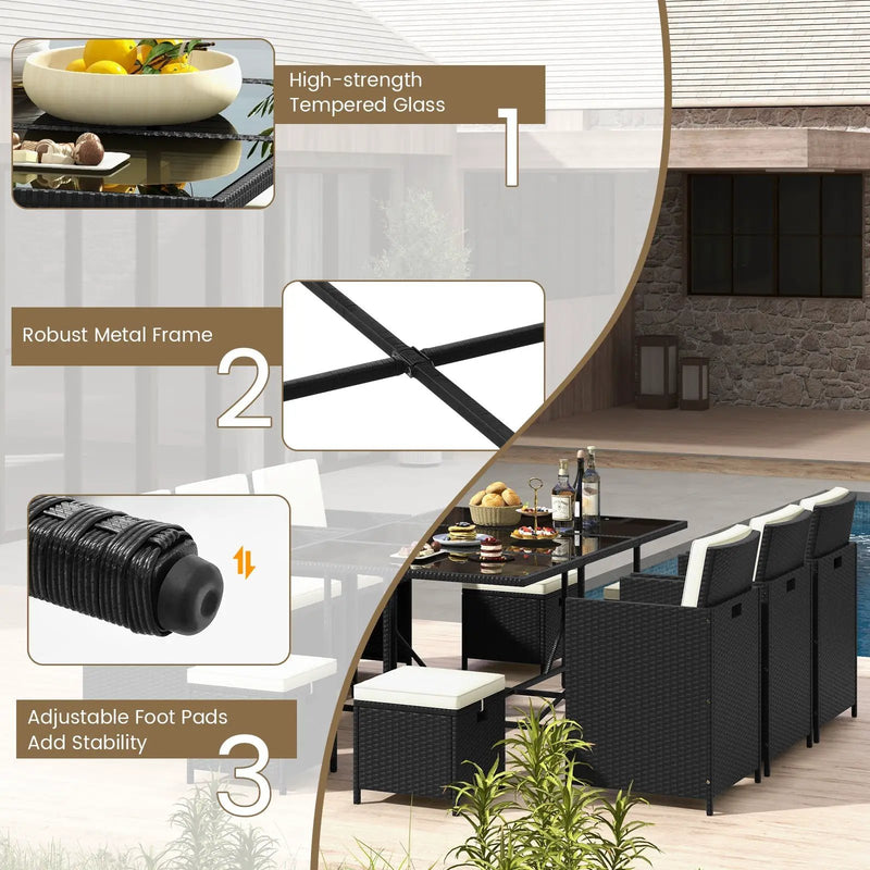 11 Piece Patio Dining Set Wicker Chairs and Tempered Glass Table with Waterproof Cushions-Black & White by DirectDeals