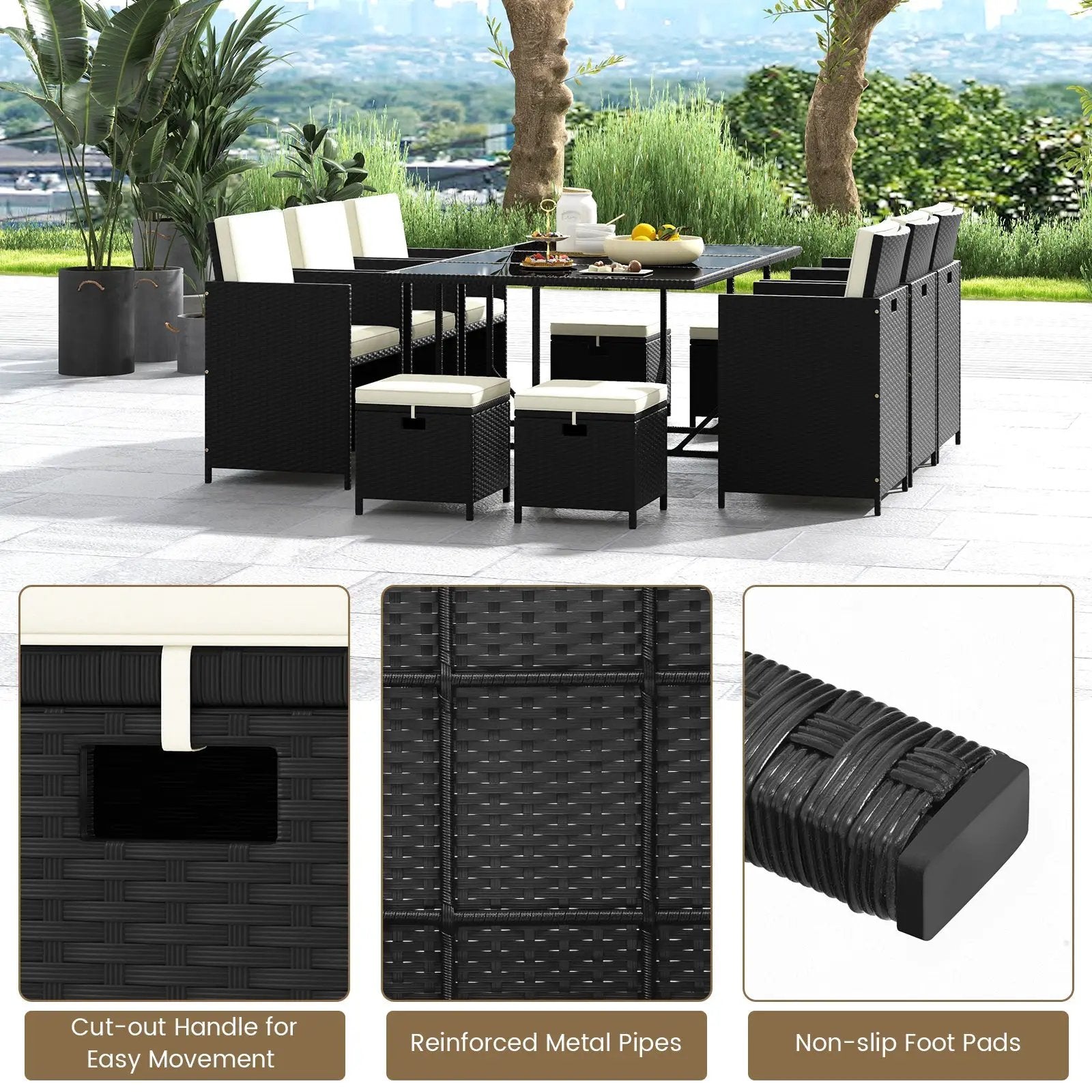 11 Piece Patio Dining Set Wicker Chairs and Tempered Glass Table with Waterproof Cushions-Black & White by DirectDeals