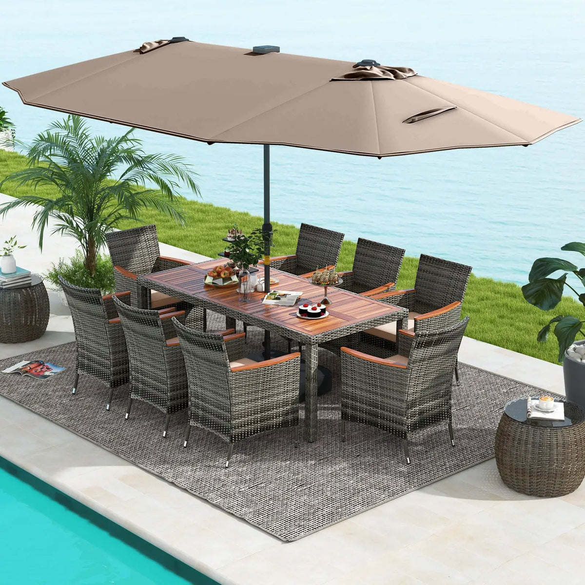 11 Pieces Patio Dining Set with 15 Feet Double-Sided Patio Umbrella Base Included by DirectDeals