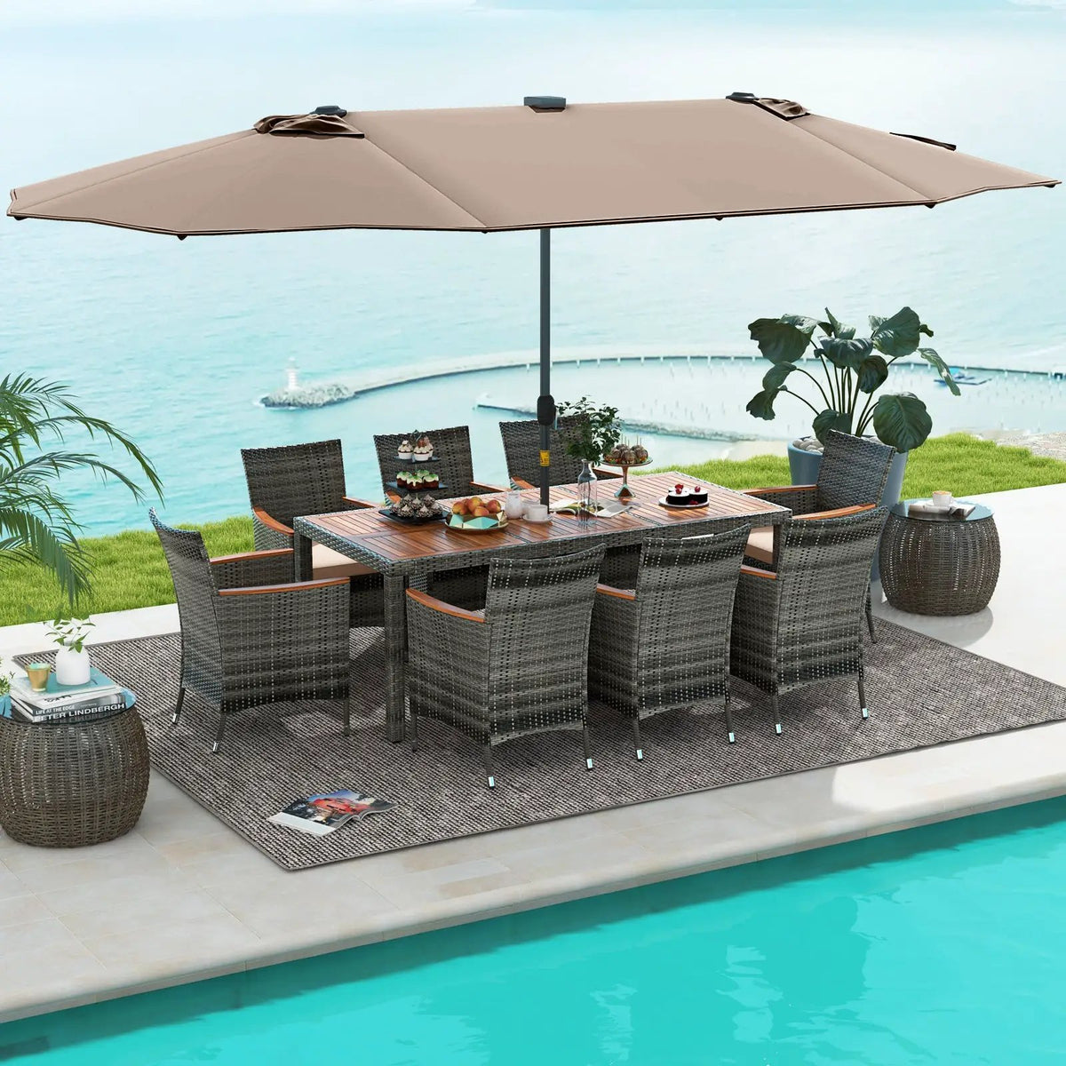 11 Pieces Patio Dining Set with 15 Feet Double-Sided Patio Umbrella Base Included by DirectDeals