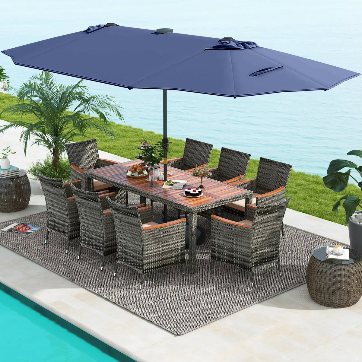 11 Pieces Patio Dining Set with 15 Feet Double-Sided Patio Umbrella Base Included by DirectDeals