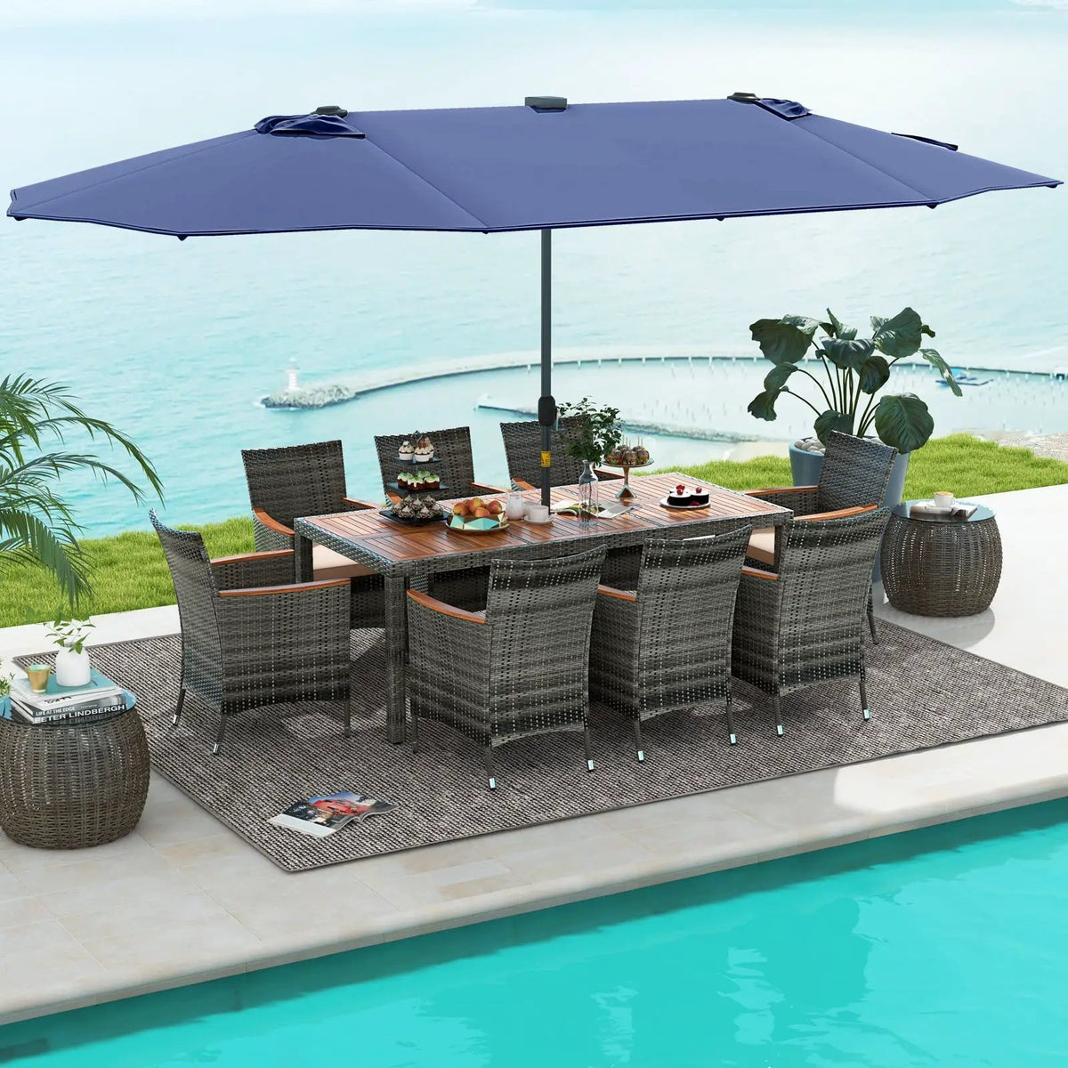 11 Pieces Patio Dining Set with 15 Feet Double-Sided Patio Umbrella Base Included by DirectDeals