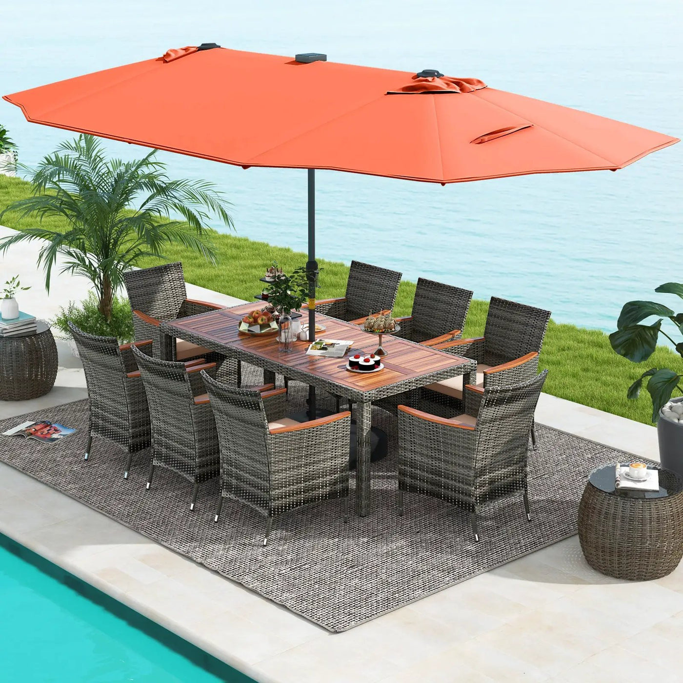 11 Pieces Patio Dining Set with 15 Feet Double-Sided Patio Umbrella Base Included by DirectDeals