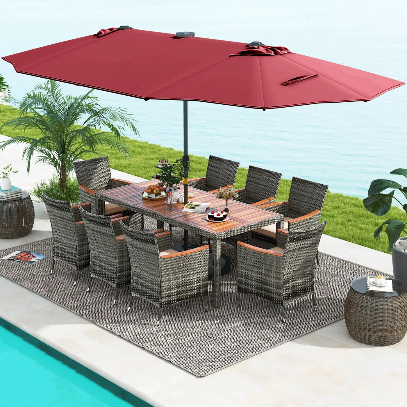 11 Pieces Patio Dining Set with 15 Feet Double-Sided Patio Umbrella Base Included by DirectDeals