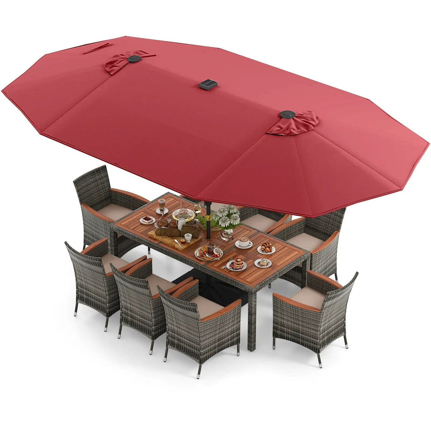 11 Pieces Patio Dining Set with 15 Feet Double-Sided Patio Umbrella Base Included by DirectDeals