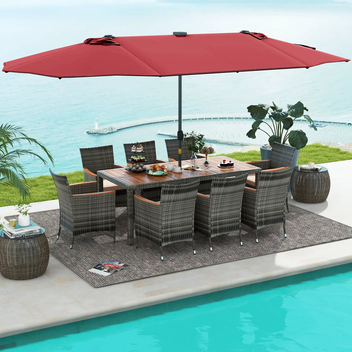 11 Pieces Patio Dining Set with 15 Feet Double-Sided Patio Umbrella Base Included by DirectDeals