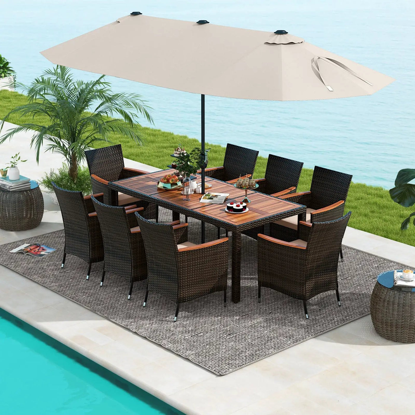 11 Pieces Patio Dining Set with 15 Feet Double-Sided Patio Umbrella and Base by DirectDeals