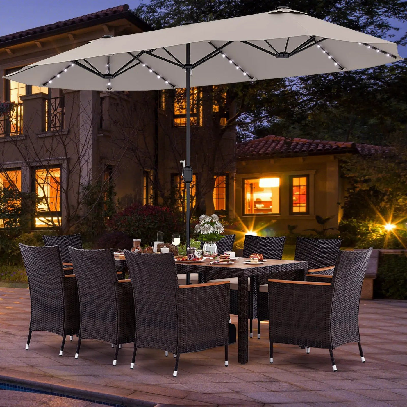 11 Pieces Patio Dining Set with 15 Feet Double-Sided Patio Umbrella and Base by DirectDeals