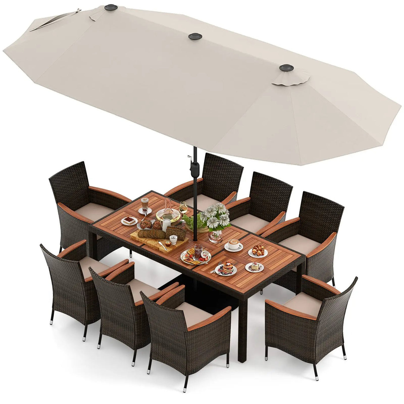 11 Pieces Patio Dining Set with 15 Feet Double-Sided Patio Umbrella and Base by DirectDeals