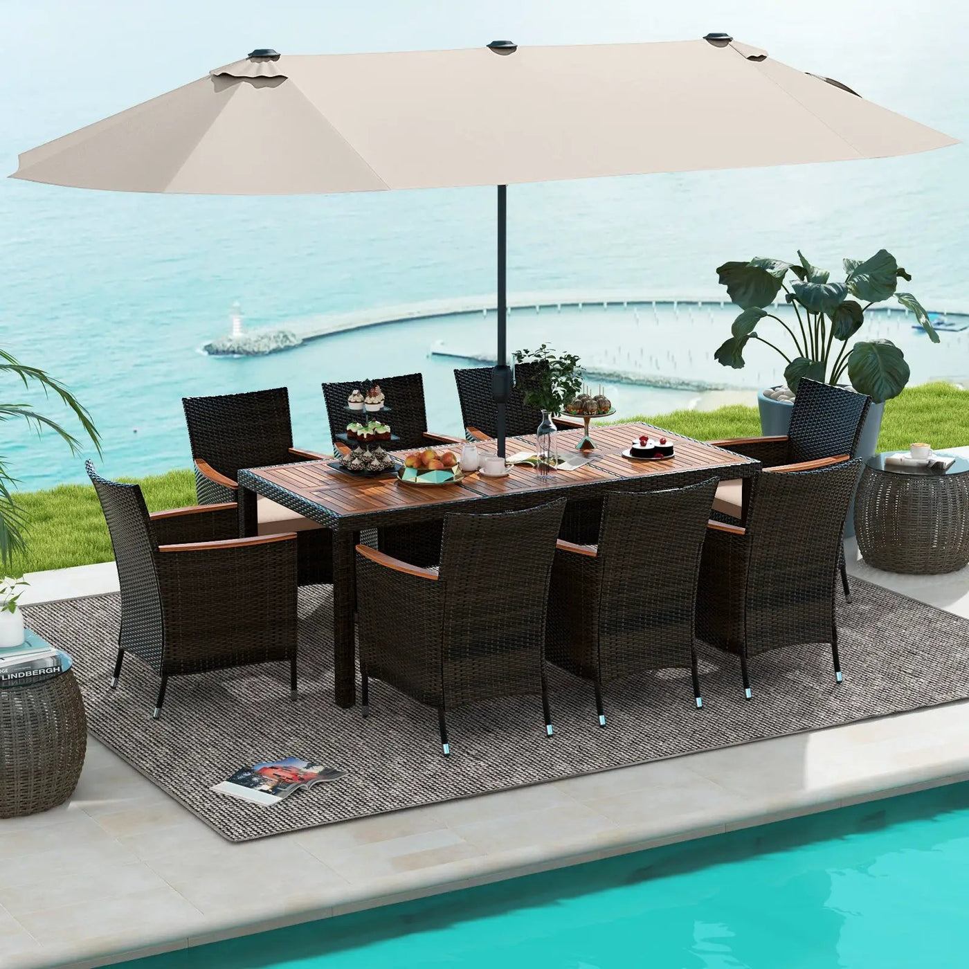11 Pieces Patio Dining Set with 15 Feet Double-Sided Patio Umbrella and Base by DirectDeals