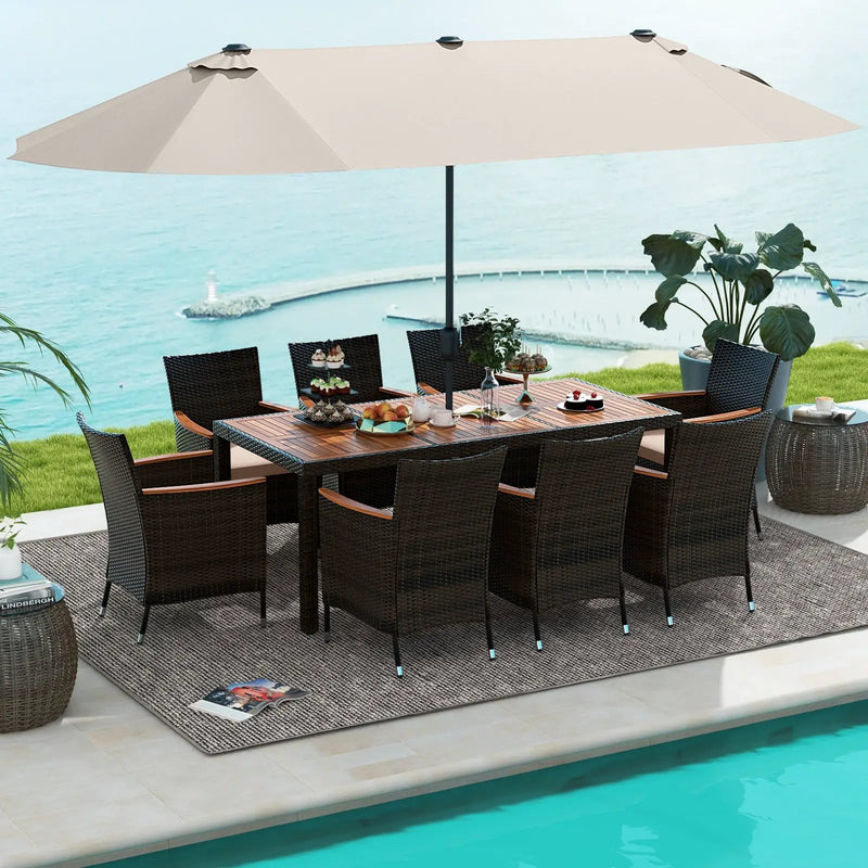 11 Pieces Patio Dining Set with 15 Feet Double-Sided Patio Umbrella and Base by DirectDeals
