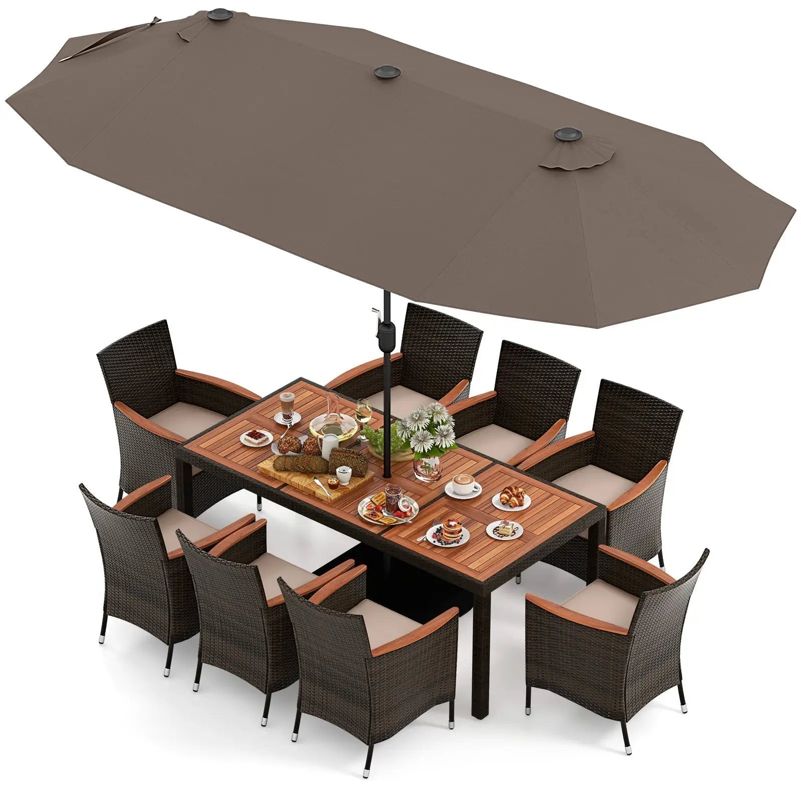 11 Pieces Patio Dining Set with 15 Feet Double-Sided Patio Umbrella and Base by DirectDeals