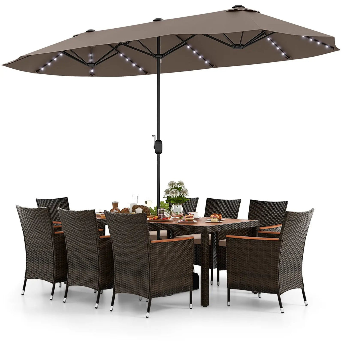 11 Pieces Patio Dining Set with 15 Feet Double-Sided Patio Umbrella and Base by DirectDeals