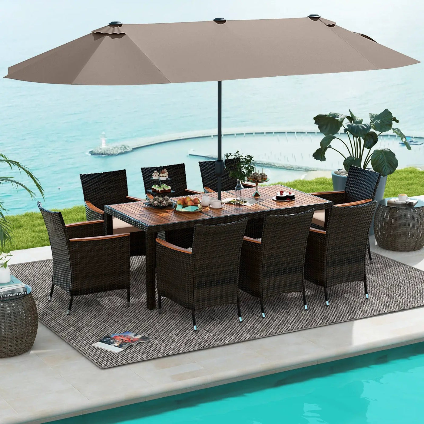 11 Pieces Patio Dining Set with 15 Feet Double-Sided Patio Umbrella and Base by DirectDeals