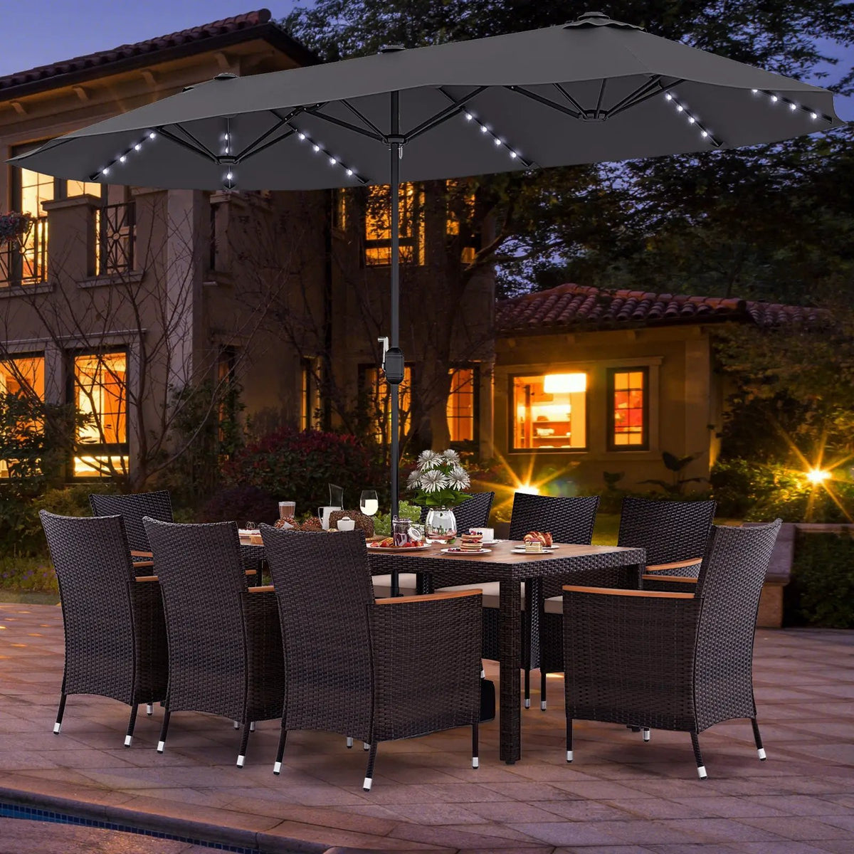 11 Pieces Patio Dining Set with 15 Feet Double-Sided Patio Umbrella and Base by DirectDeals