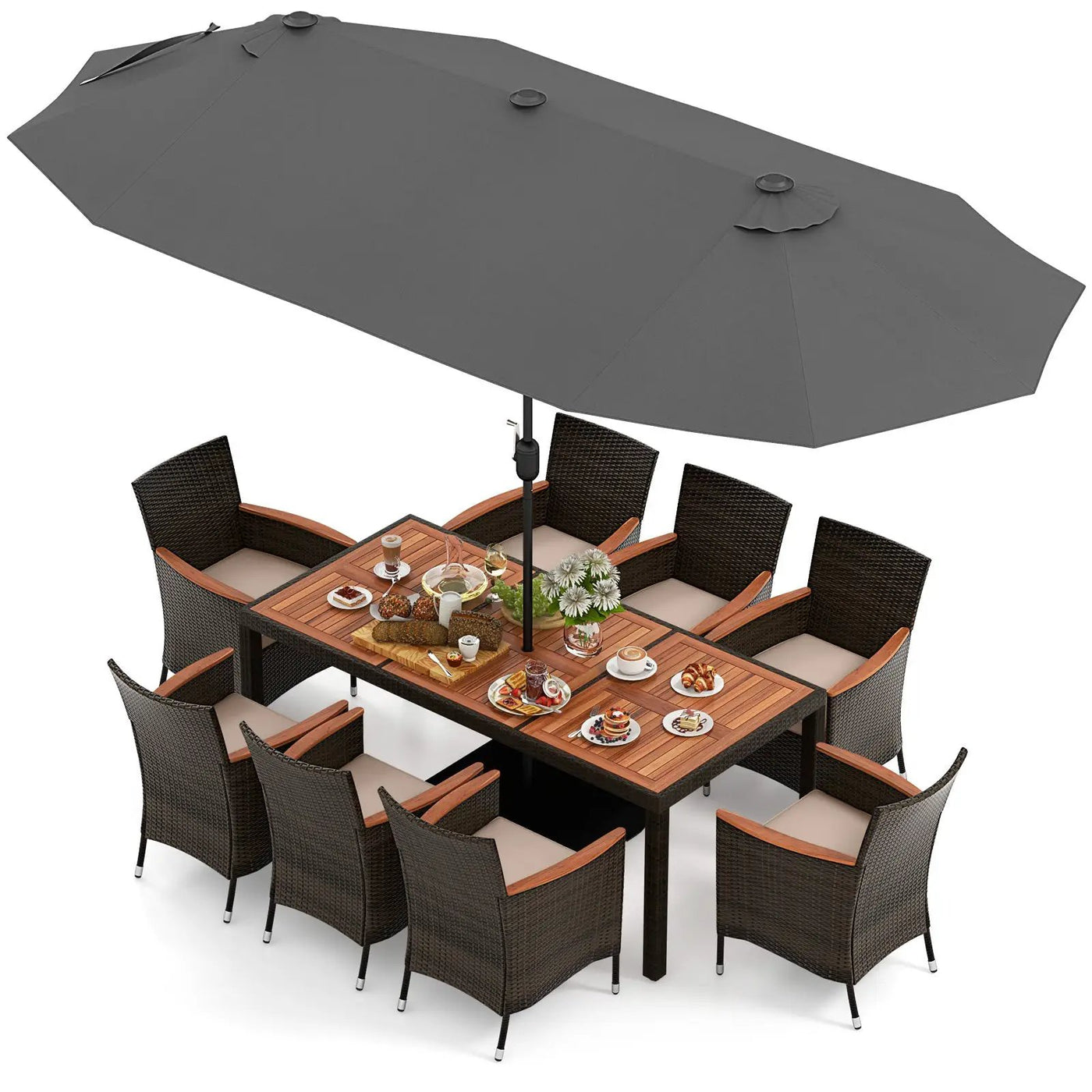 11 Pieces Patio Dining Set with 15 Feet Double-Sided Patio Umbrella and Base by DirectDeals