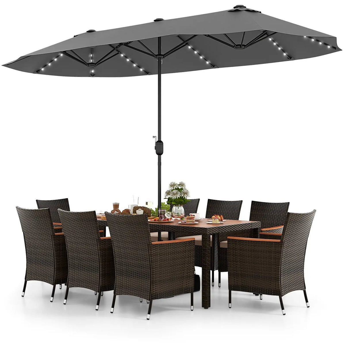11 Pieces Patio Dining Set with 15 Feet Double-Sided Patio Umbrella and Base by DirectDeals